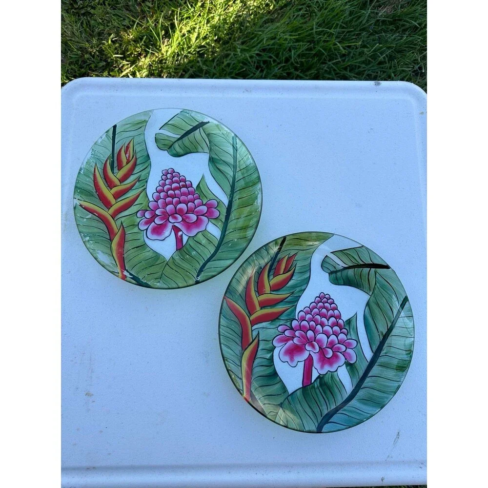 Reverse Hand-Painted Hawaiian Tropical Pink Torch Ginger Heliconia Dinner Plates